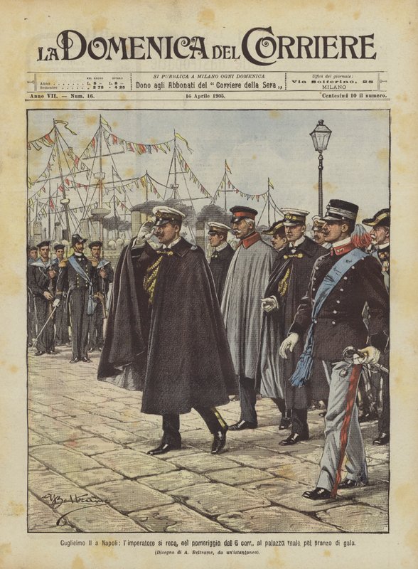 Wilhelm II. in Neapel, der Kaiser begibt sich am Nachmittag des 6. Mai zum Gala-Dinner in den Königspalast von Achille Beltrame