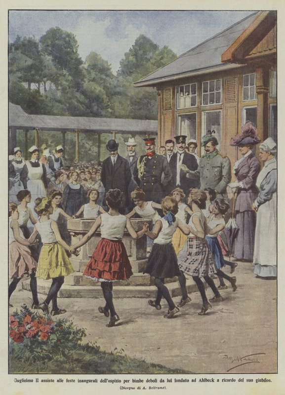 Wilhelm II. nimmt an den Einweihungsfeiern des von ihm gegründeten Heims für schwache Mädchen in Ahlbeck teil von Achille Beltrame