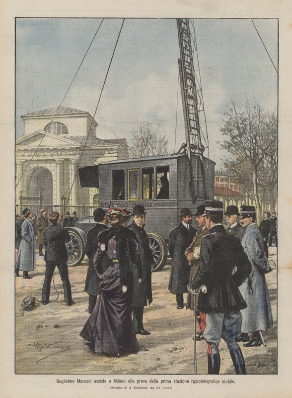 Guglielmo Marconi beobachtet in Mailand die Tests der ersten mobilen Funkstation von Achille Beltrame