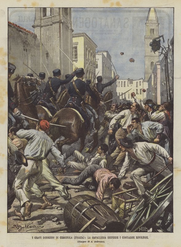 Die schweren Unruhen von Cerignola (Foggia), die Kavallerie zerstreut die aufständischen Bauern von Achille Beltrame