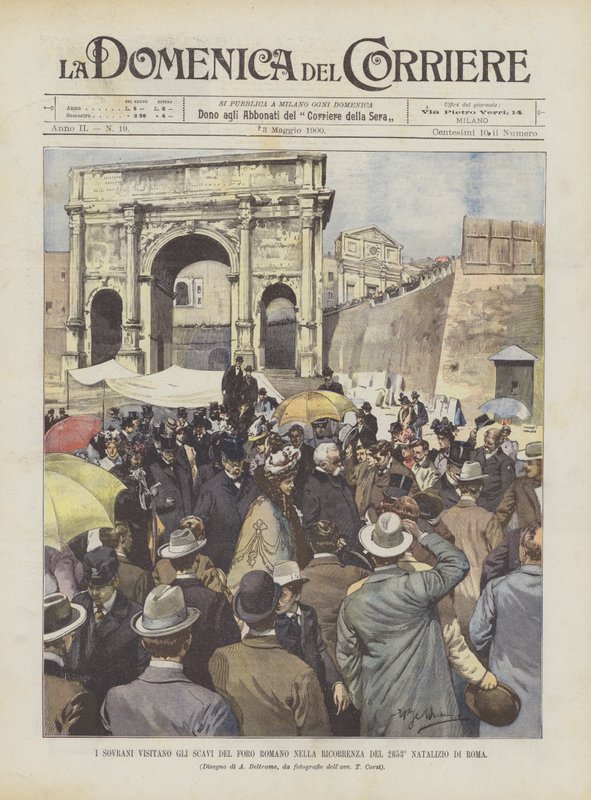 Die Monarchen besuchen die Ausgrabungen des Forum Romanum anlässlich des 2653. Geburtstags von Rom von Achille Beltrame