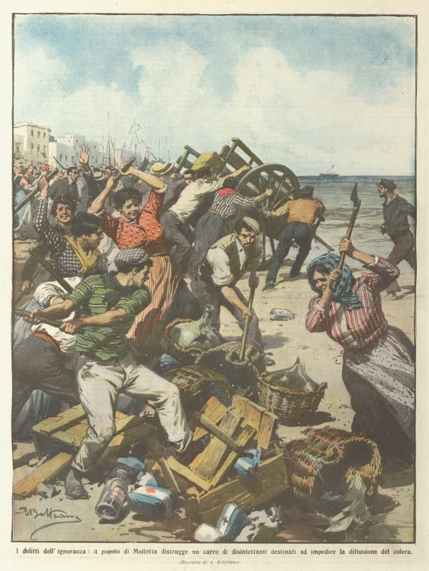 Die Verbrechen der Unwissenheit, das Volk von Molfetta zerstört einen Wagen mit Desinfektionsmitteln von Achille Beltrame