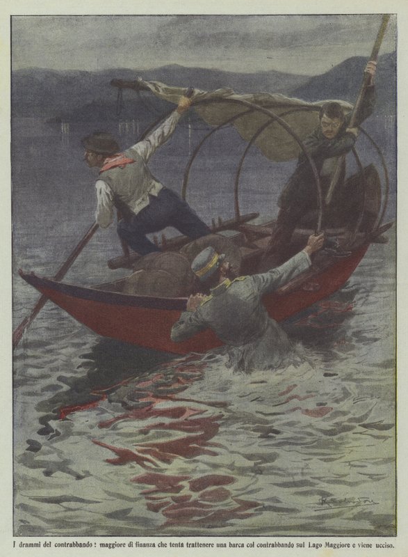 Die Dramen des Schmuggels, ein Finanzmajor versucht ein Schmuggelboot aufzuhalten von Achille Beltrame