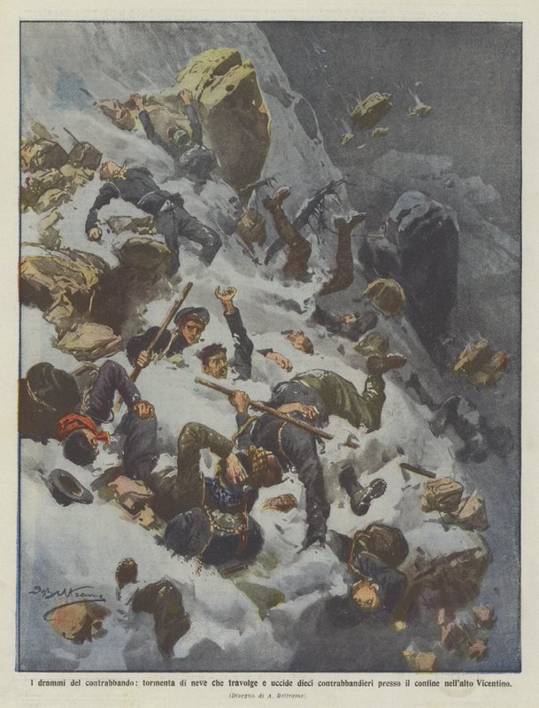 Die Dramen des Schmuggels, Schneesturm, der zehn Schmuggler in der Nähe tötet von Achille Beltrame