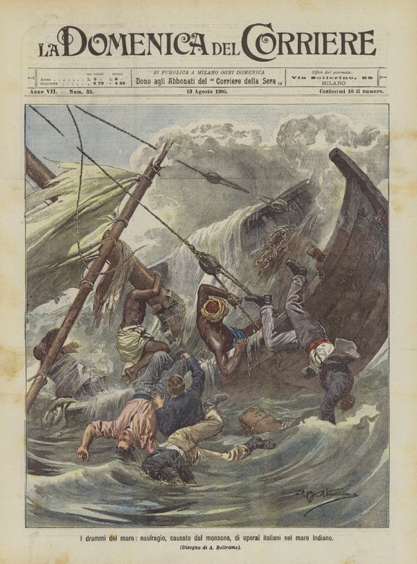 Die Dramen des Meeres, Schiffbruch durch den Monsun verursacht, von italienischen Arbeitern im Indischen Ozean von Achille Beltrame