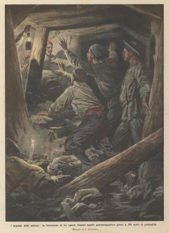Die Dramen der Bergwerke, die Befreiung von drei Arbeitern, die vierundvierzig Tage lang in 300 Metern Tiefe begraben waren von Achille Beltrame