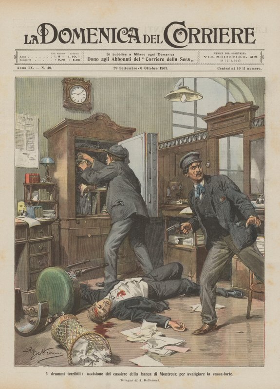 Die schrecklichen Dramen, Ermordung des Kassierers der Bank von Montreux zur Plünderung des Tresors von Achille Beltrame