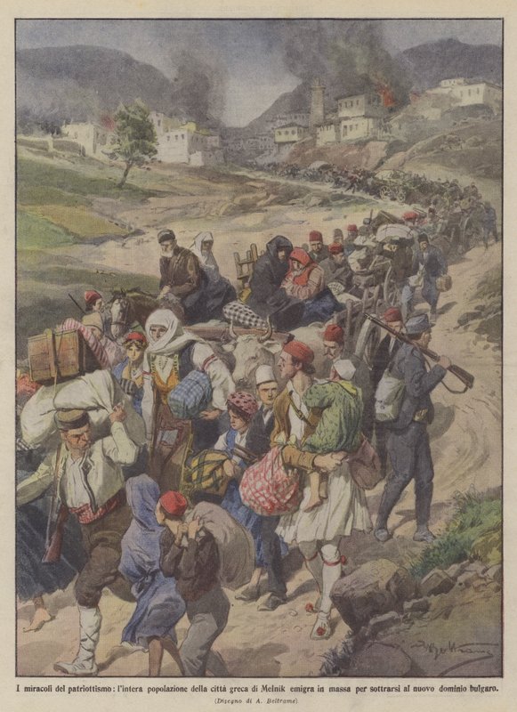 Die Wunder des Patriotismus, die gesamte Bevölkerung der griechischen Stadt Melnik emigriert von Achille Beltrame