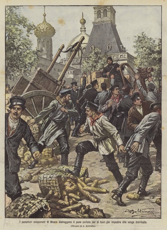 Die streikenden Bäcker von Moskau zerstören das von außen gebrachte Brot, um zu verhindern, dass es verteilt wird von Achille Beltrame