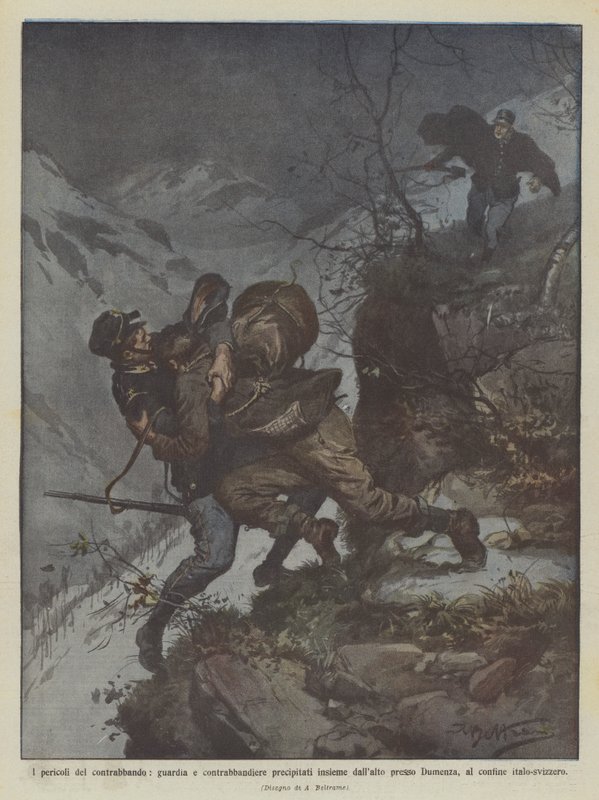Die Gefahren des Schmuggels, Wache und Schmuggler stürzen zusammen in die Tiefe von Achille Beltrame