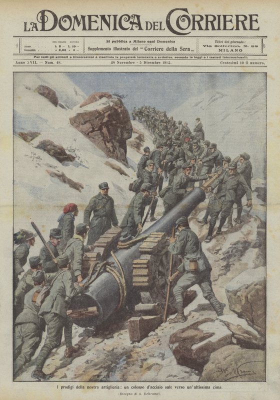 Die Wunder unserer Artillerie, ein Stahlkoloss steigt zu einem hohen Gipfel auf von Achille Beltrame