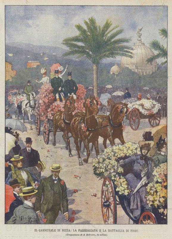 Der Karneval von Nizza, der Spaziergang und die Blumenschlacht von Achille Beltrame