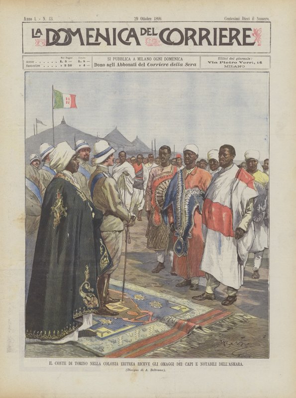 Der Graf von Turin in der Kolonie Eritrea empfängt die Huldigungen der Häuptlinge und Notablen von Asmara von Achille Beltrame