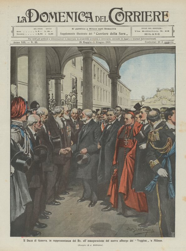 Der Herzog von Genua, als Vertreter des Königs, bei der Einweihung des neuen Hotels der Veggion in Mailand von Achille Beltrame