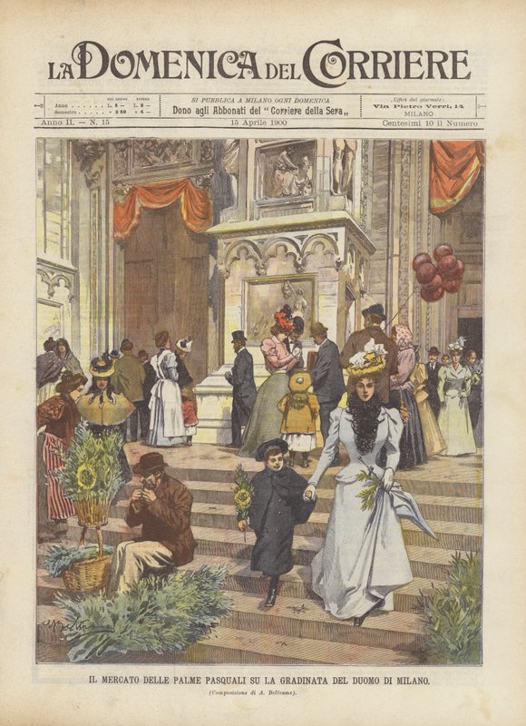 Der Markt für Palmsonntagszweige auf der Treppe des Doms von Mailand von Achille Beltrame