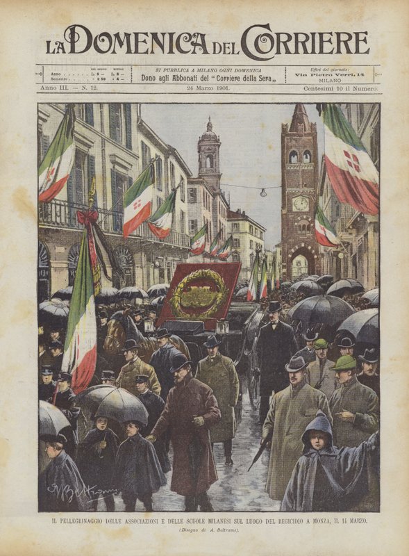 Die Pilgerfahrt der Mailänder Verbände und Schulen zum Ort des Königsmords in Monza am 14. März von Achille Beltrame