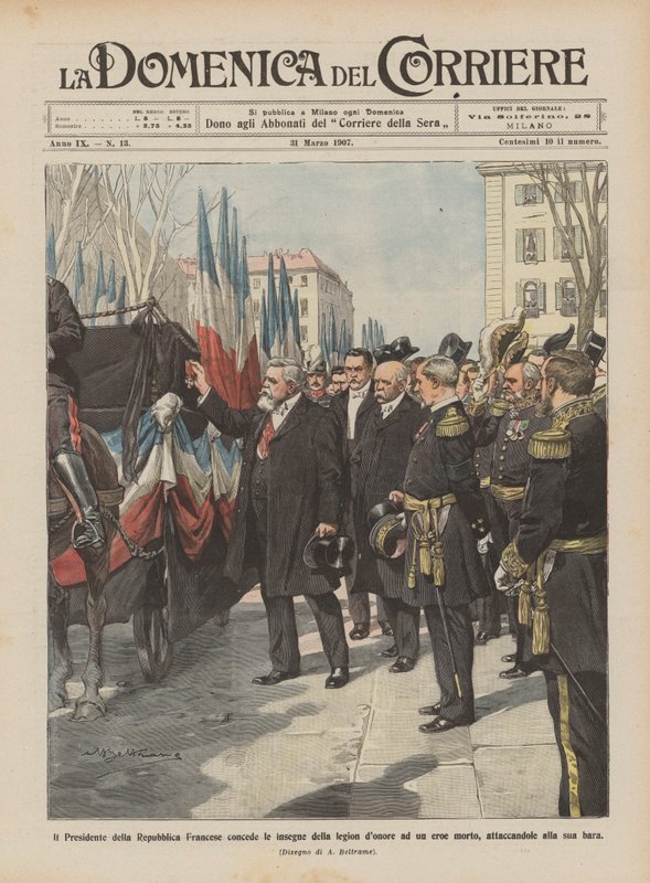 Der Präsident der Französischen Republik verleiht die Ehrenlegion an einen verstorbenen Helden von Achille Beltrame