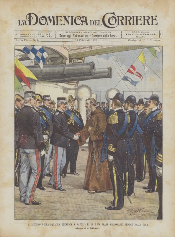Die Rückkehr der Ozeanflotte nach Neapel, der König und ein Missionarsbruder aus China von Achille Beltrame