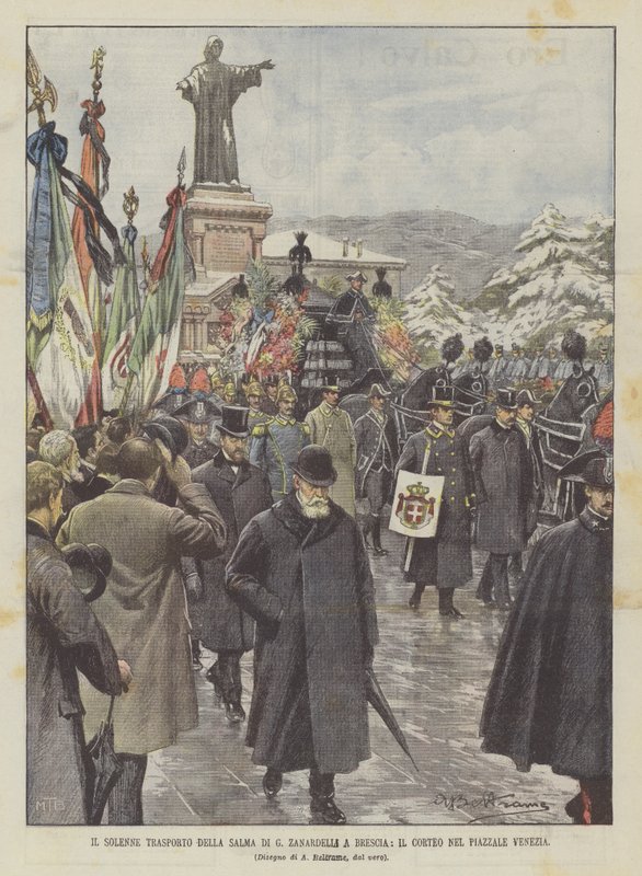 Der feierliche Transport des Leichnams von G. Zanardelli nach Brescia, der Umzug auf dem Piazzale Venezia von Achille Beltrame