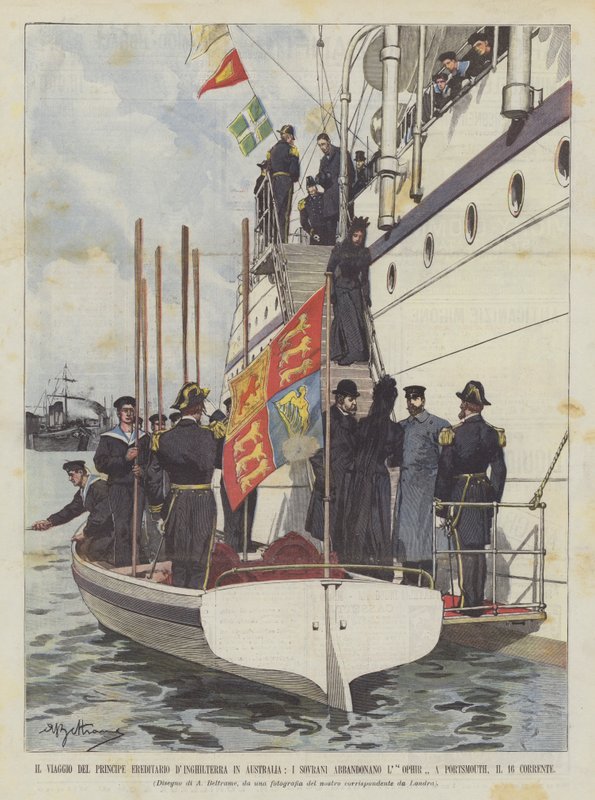 Die Reise des Kronprinzen von England nach Australien, die Herrscher verlassen die Ophir von Achille Beltrame