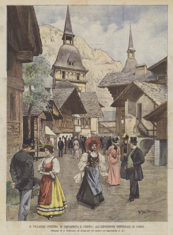Das Schweizer Dorf aus Pappmaché und Stroh auf der Weltausstellung in Paris von Achille Beltrame