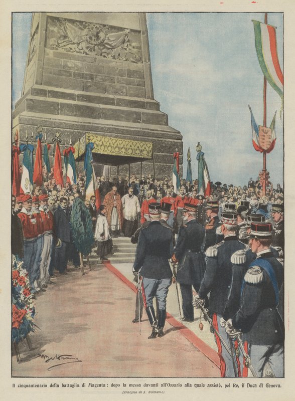 Der fünfzigste Jahrestag der Schlacht von Magenta, nach der Messe vor dem Ossarium von Achille Beltrame