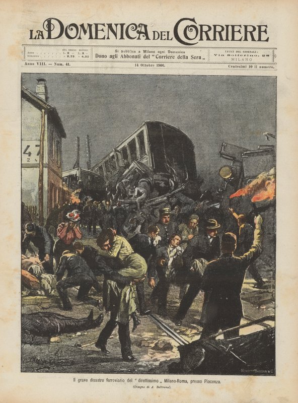 Das schwere Eisenbahnunglück des Direktzugs Mailand-Rom bei Piacenza von Achille Beltrame