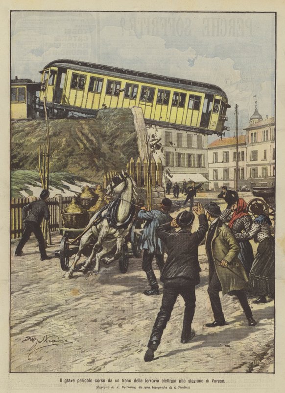 Die große Gefahr, der ein Zug der elektrischen Eisenbahn am Bahnhof von Varese ausgesetzt war von Achille Beltrame