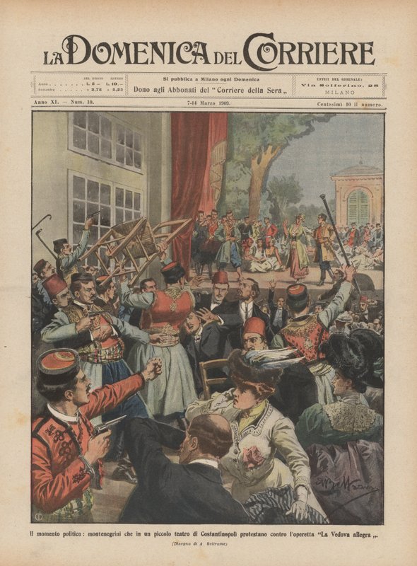 Die politische Situation, Montenegriner protestieren in einem kleinen Theater in Konstantinopel von Achille Beltrame