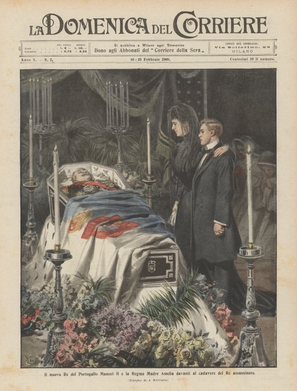 Der neue König von Portugal Manuel II. und die Königinmutter Amelia vor der Leiche des ermordeten Königs von Achille Beltrame