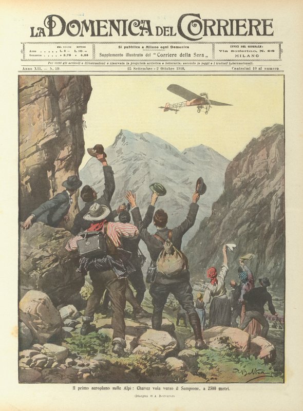 Das erste Flugzeug über den Alpen, Chavez fliegt in Richtung Simplon auf 2500 Metern von Achille Beltrame