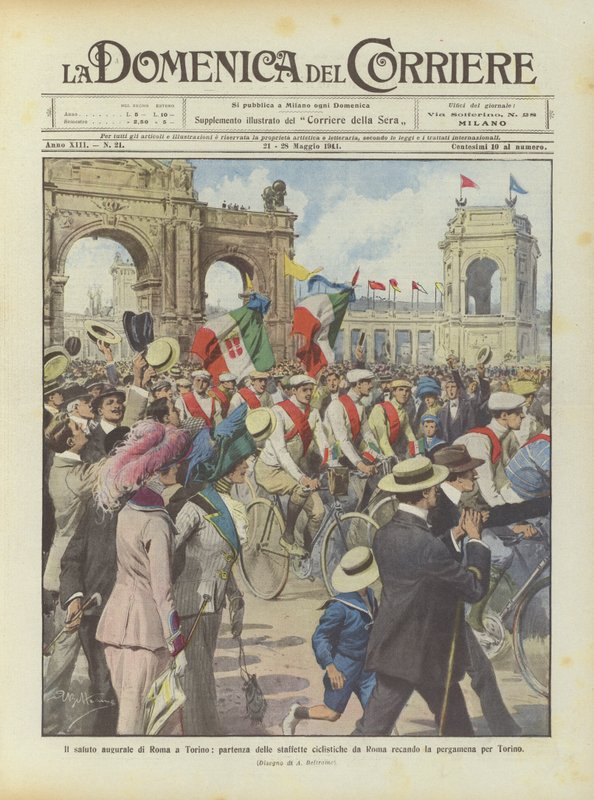 Der Gruß von Rom an Turin, Abfahrt der Fahrradstaffeln aus Rom mit der Pergamentrolle für Turin von Achille Beltrame