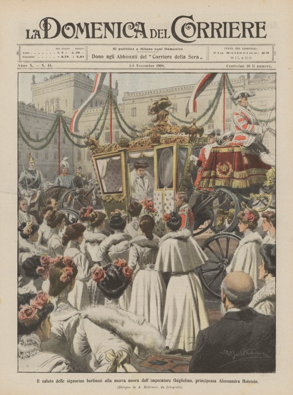 Der Gruß der Berliner Damen an die neue Schwiegertochter des Kaisers Wilhelm, Prinzessin Alexandra Holstein von Achille Beltrame