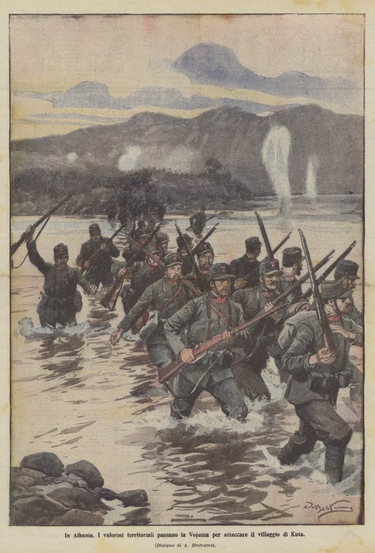 In Albanien überqueren die tapferen Territorialen die Vojussa, um das Dorf Kuta anzugreifen von Achille Beltrame