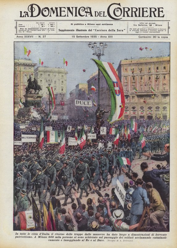 In allen Städten Italiens führten die Rückkehr der Truppen von den Manövern zu Demonstrationen von Achille Beltrame