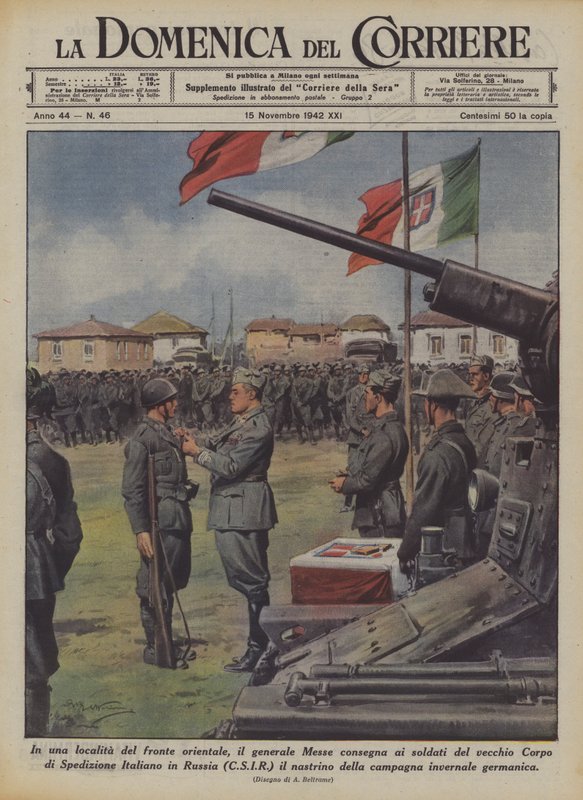 An einem Ort an der Ostfront übergibt General Messe den Soldaten des alten Korps... von Achille Beltrame