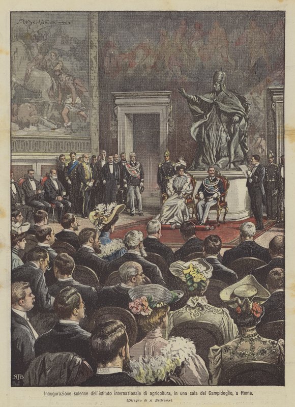 Feierliche Eröffnung des Internationalen Landwirtschaftsinstituts in einem Saal des Kapitols in Rom von Achille Beltrame