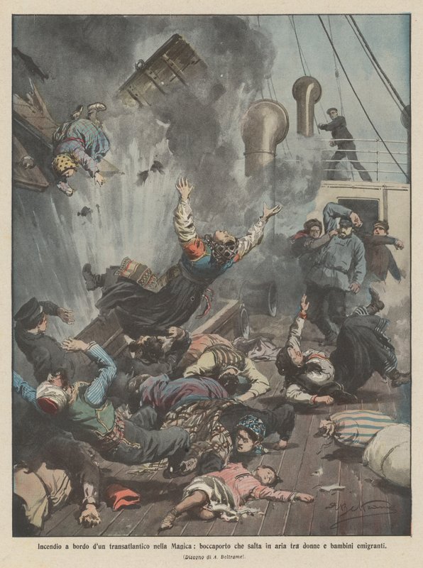 Feuer an Bord eines Transatlantikliners im Ärmelkanal, ein Lukendeckel explodiert zwischen Frauen und Kindern, die auswandern von Achille Beltrame