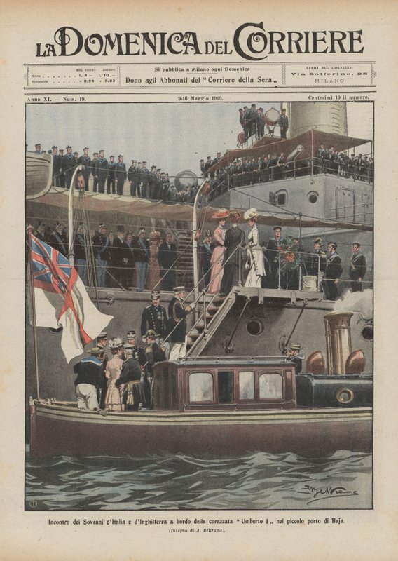 Treffen der Monarchen von Italien und England an Bord des Schlachtschiffs Umberto I im kleinen Hafen von Baja von Achille Beltrame