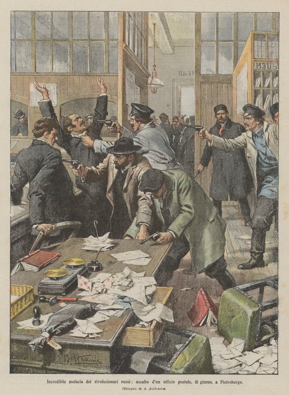 Unglaubliche Kühnheit der russischen Revolutionäre, Angriff auf ein Postamt am Tag in St. Petersburg von Achille Beltrame