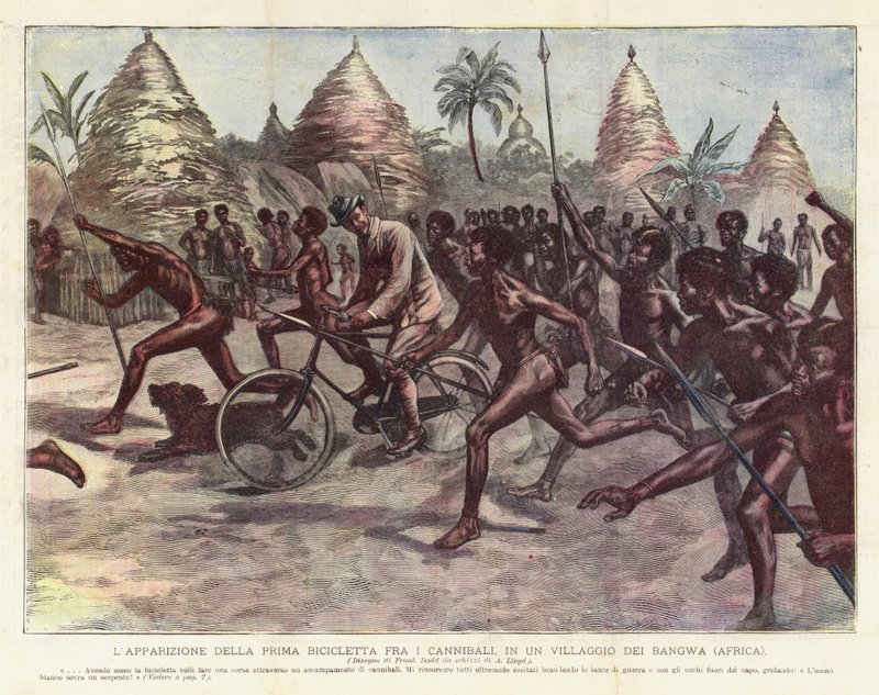Das Erscheinen des ersten Fahrrads unter den Kannibalen, in einem Dorf der Bangwa (Afrika) von Achille Beltrame