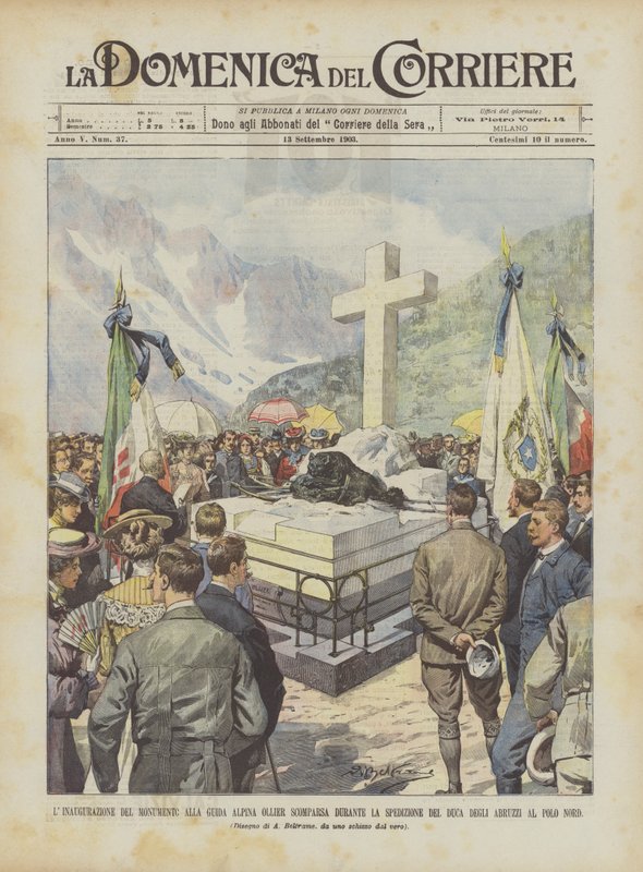 Die Einweihung des Denkmals für den Bergführer Ollier, der während der Expedition des Herzogs ? verschwand von Achille Beltrame
