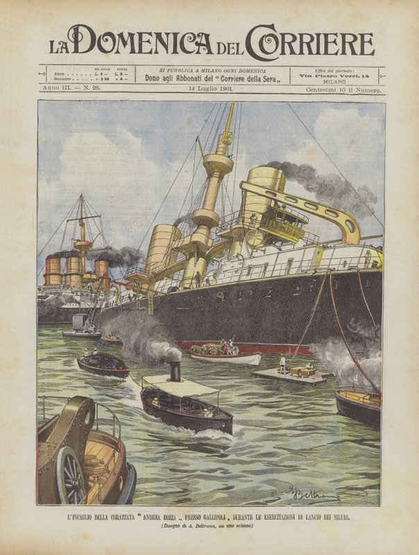 Die Strandung des Schlachtschiffs Andrea Doria bei Gallipoli während der Torpedoübungen von Achille Beltrame