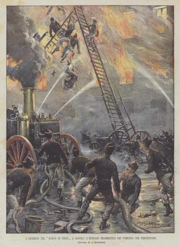 Der Brand der Banco di Pietà in Neapel, das dramatische Ereignis der Feuerwehrleute, die abstürzen von Achille Beltrame