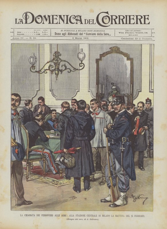 Die Einberufung der Eisenbahner zum Militärdienst, am Hauptbahnhof von Mailand am Morgen des 25. Februar von Achille Beltrame