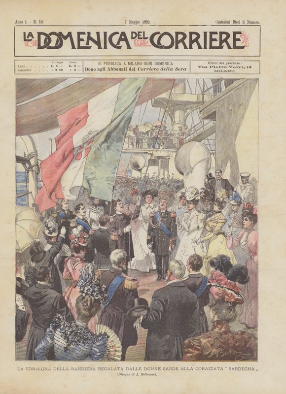 Die Übergabe Der Von Den Sardischen Frauen Gespendeten Fahne An Das Schlachtschiff Sardegna von Achille Beltrame