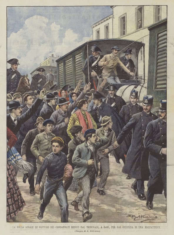 Die Menge greift die Wagen der Verurteilten an, die aus dem Gericht in Bari zurückkehren, um eine Verbrecherin zu bestrafen von Achille Beltrame