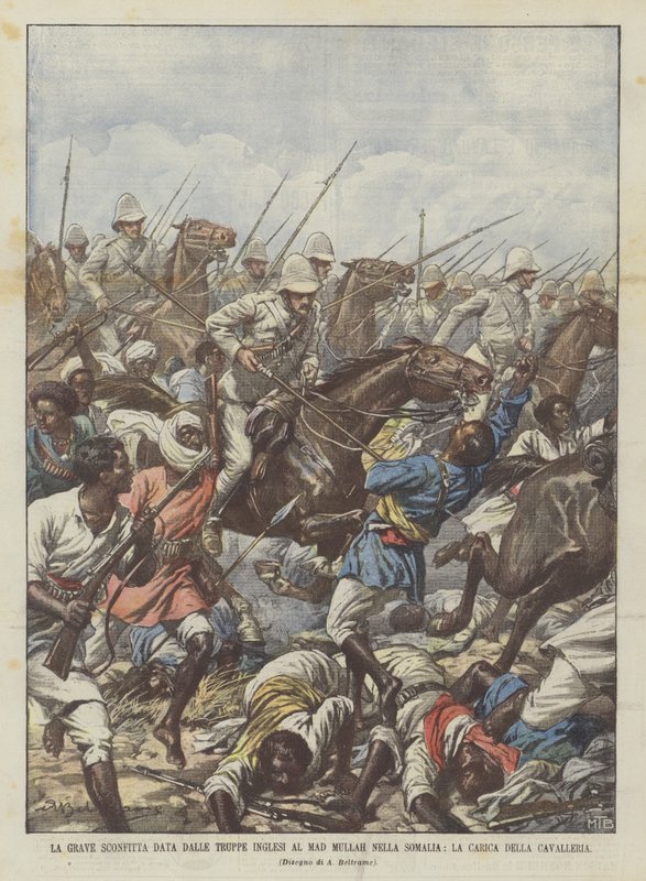 Die schwere Niederlage, die die britischen Truppen dem Mad Mullah in Somalia zufügten, der Angriff der Kavallerie von Achille Beltrame
