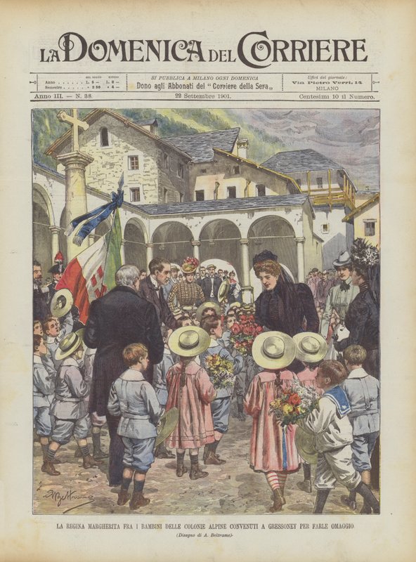 Königin Margherita unter den Kindern der Alpenkolonien, die in Gressoney zusammengekommen sind, um ihr zu huldigen von Achille Beltrame