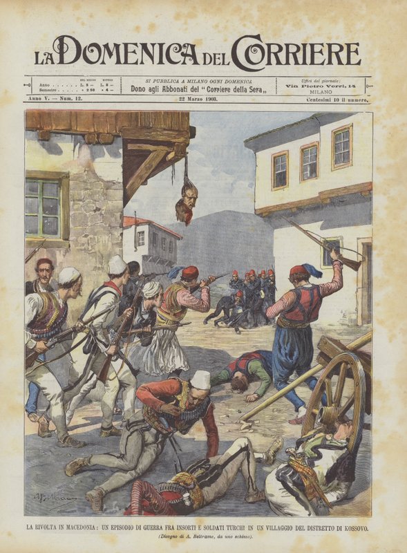 Der Aufstand in Mazedonien, eine Kriegsepisode zwischen Aufständischen und türkischen Soldaten in einem Dorf von Achille Beltrame
